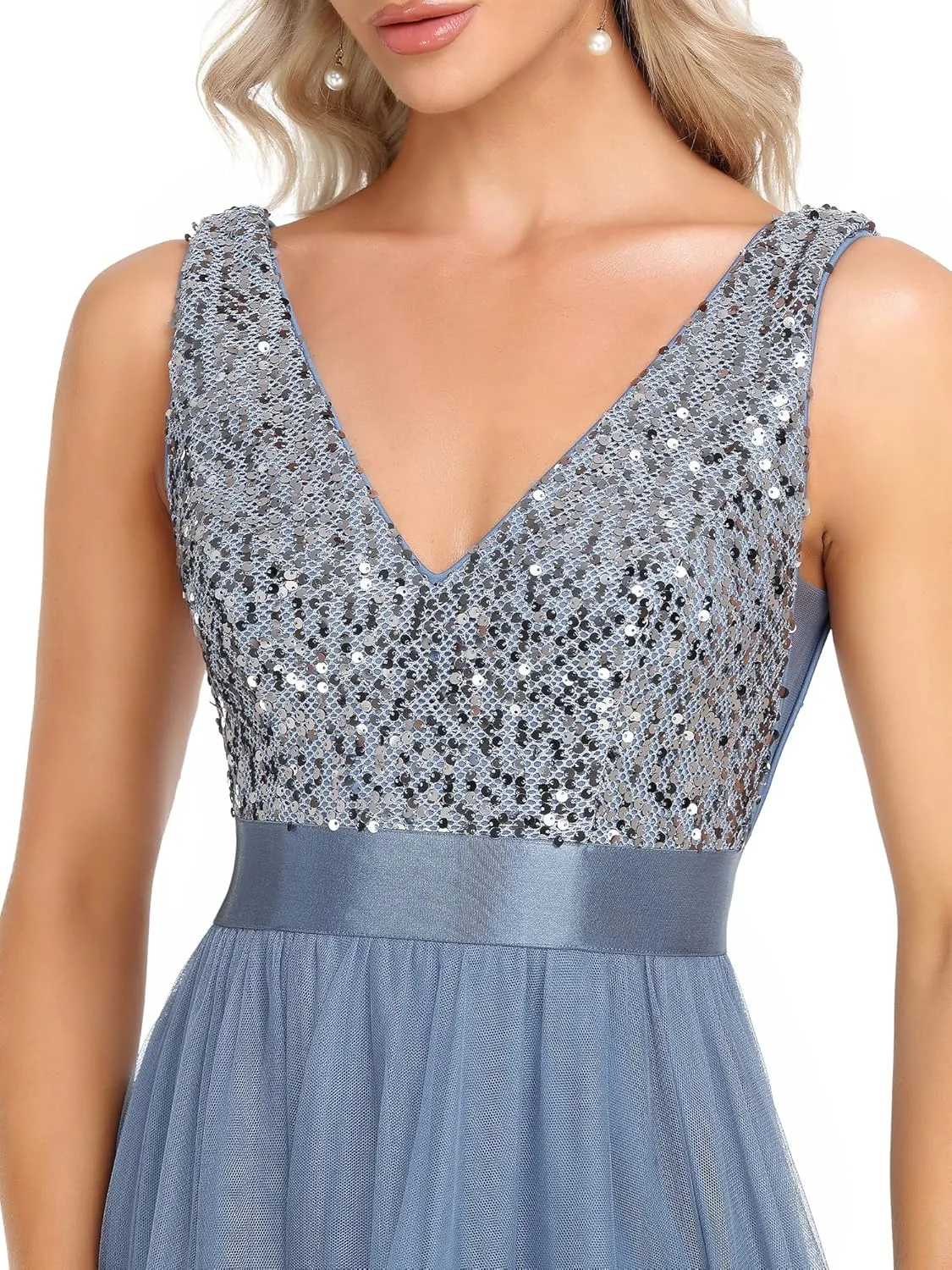 Ever-Pretty Women's Cocktail Dress Double V-Neck Sleeveless Empire Waist Sequin High Low Tulle Formal Dress 0147A