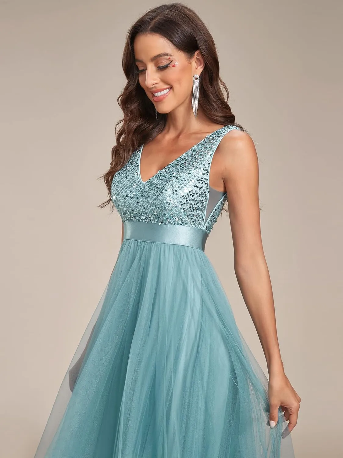 Ever-Pretty Women's Cocktail Dress Double V-Neck Sleeveless Empire Waist Sequin High Low Tulle Formal Dress 0147A