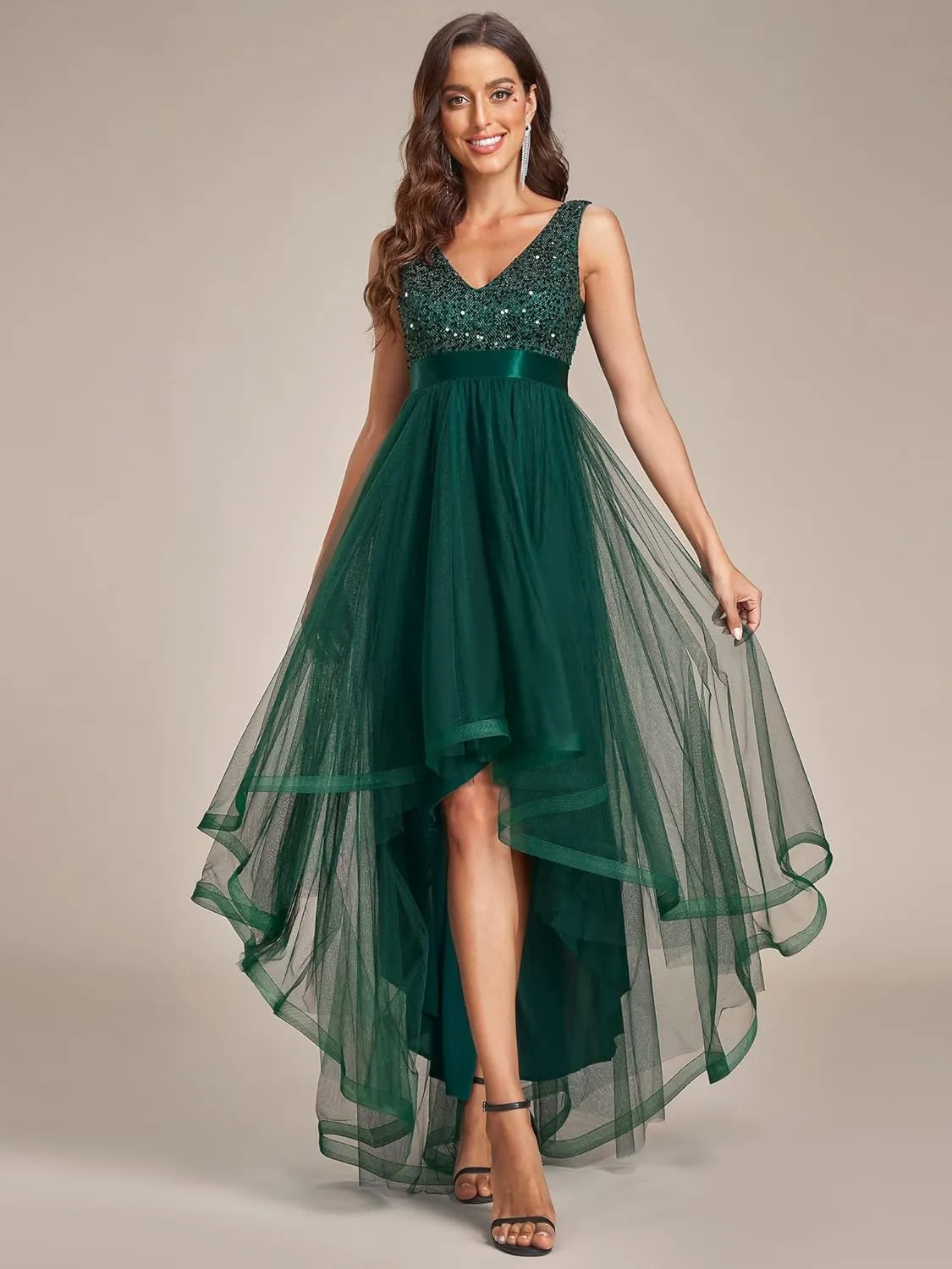 Ever-Pretty Women's Cocktail Dress Double V-Neck Sleeveless Empire Waist Sequin High Low Tulle Formal Dress 0147A