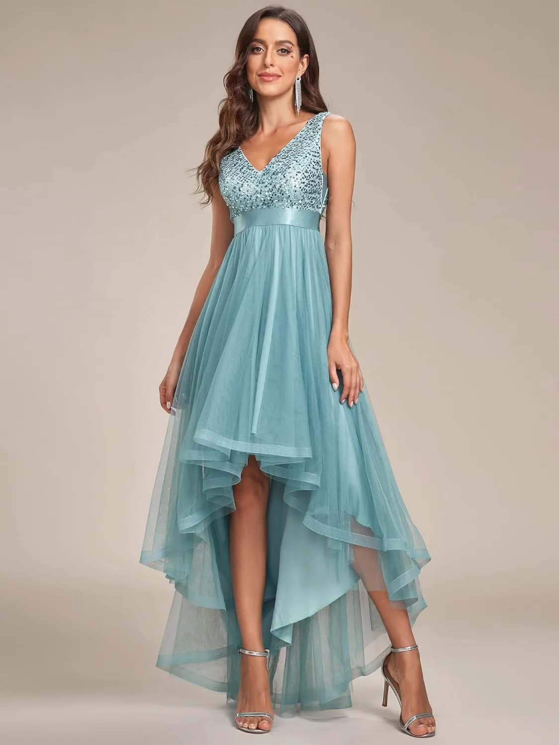 Ever-Pretty Women's Cocktail Dress Double V-Neck Sleeveless Empire Waist Sequin High Low Tulle Formal Dress 0147A