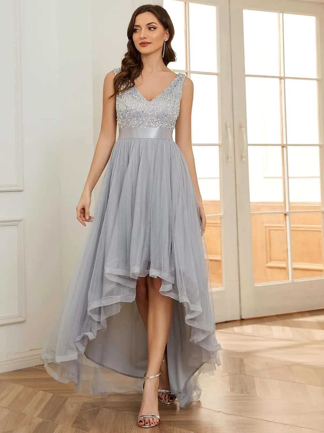 Ever-Pretty Women's Cocktail Dress Double V-Neck Sleeveless Empire Waist Sequin High Low Tulle Formal Dress 0147A