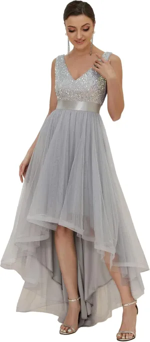 Ever-Pretty Women's Cocktail Dress Double V-Neck Sleeveless Empire Waist Sequin High Low Tulle Formal Dress 0147A