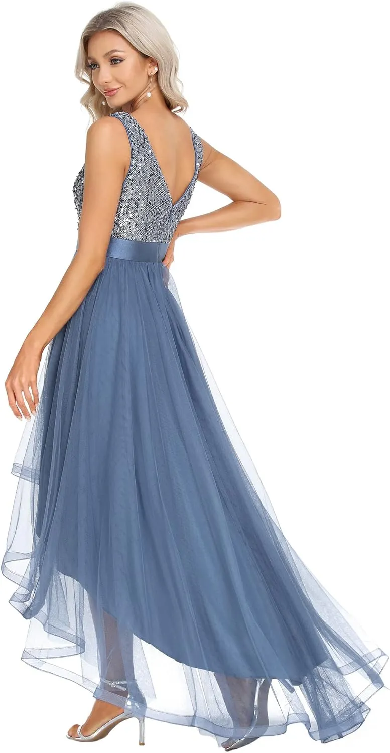 Ever-Pretty Women's Cocktail Dress Double V-Neck Sleeveless Empire Waist Sequin High Low Tulle Formal Dress 0147A
