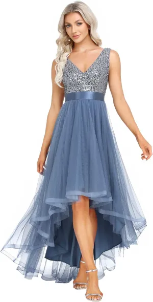 Ever-Pretty Women's Cocktail Dress Double V-Neck Sleeveless Empire Waist Sequin High Low Tulle Formal Dress 0147A