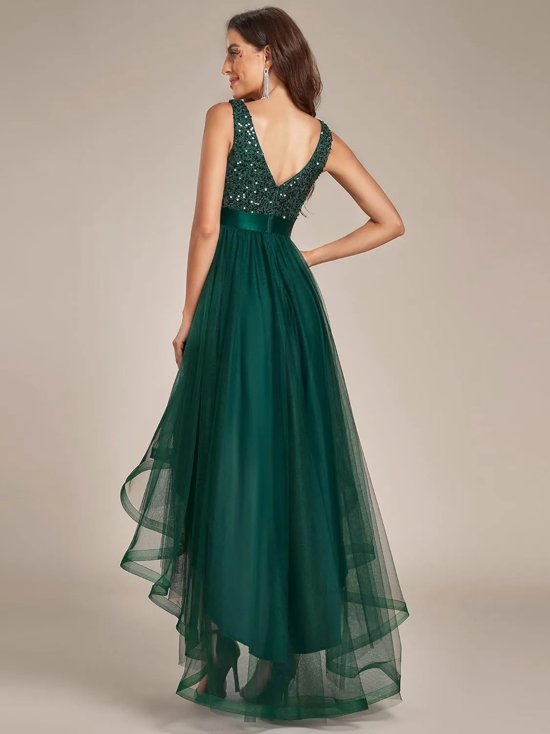 Ever-Pretty Women's Cocktail Dress Double V-Neck Sleeveless Empire Waist Sequin High Low Tulle Formal Dress 0147A