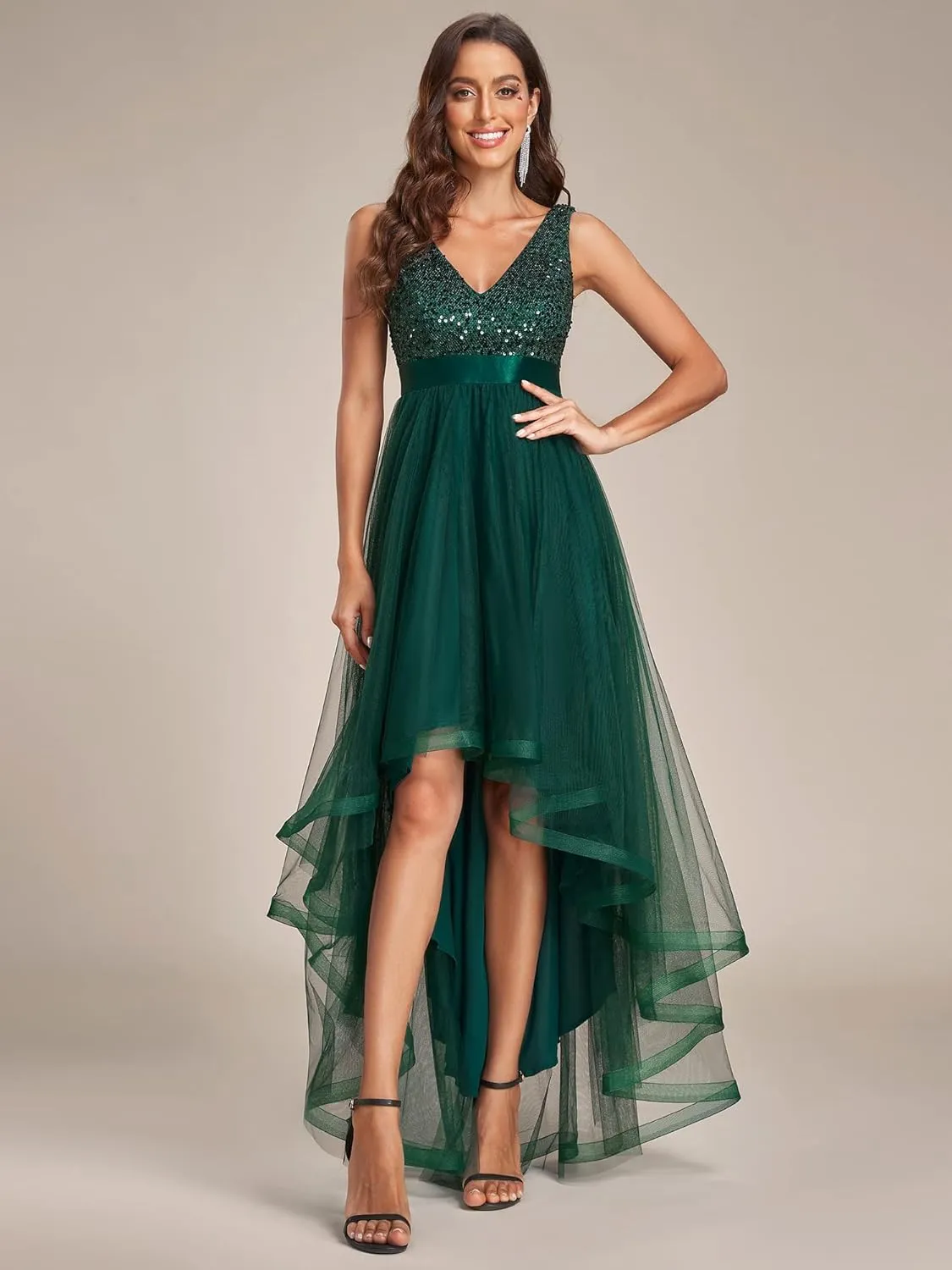 Ever-Pretty Women's Cocktail Dress Double V-Neck Sleeveless Empire Waist Sequin High Low Tulle Formal Dress 0147A