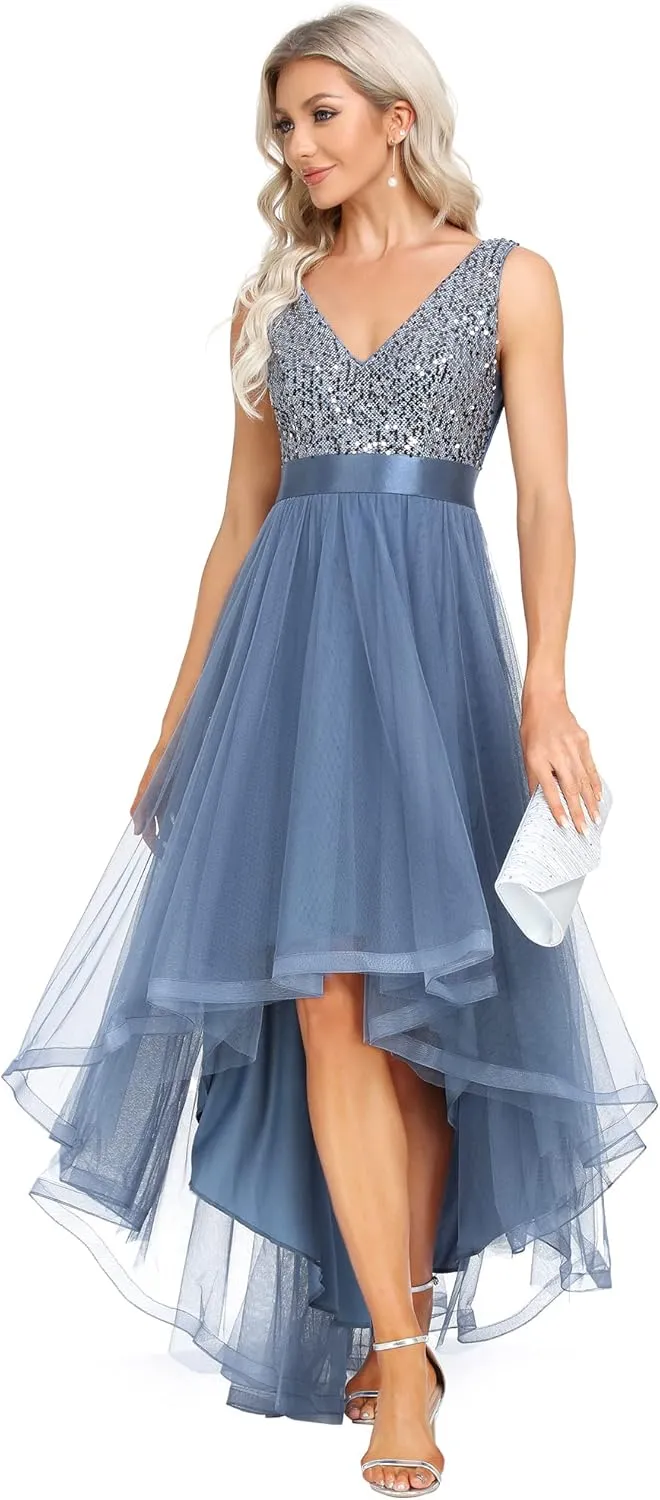 Ever-Pretty Women's Cocktail Dress Double V-Neck Sleeveless Empire Waist Sequin High Low Tulle Formal Dress 0147A