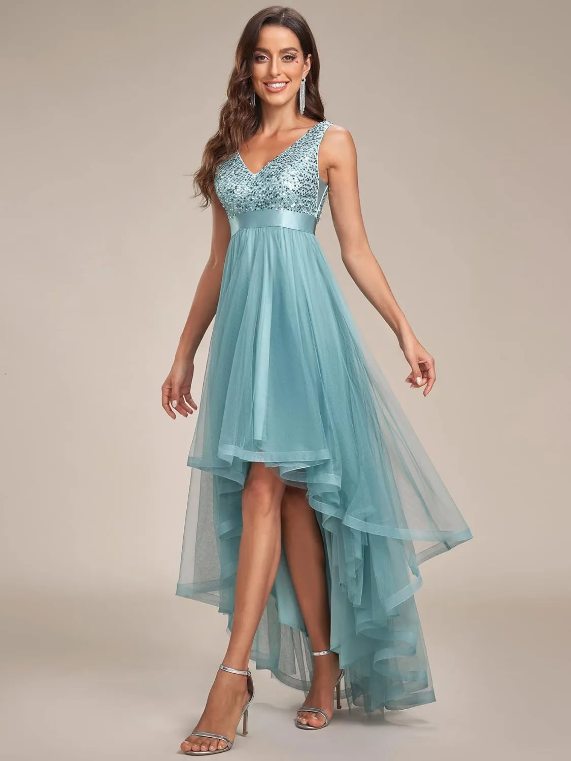Ever-Pretty Women's Cocktail Dress Double V-Neck Sleeveless Empire Waist Sequin High Low Tulle Formal Dress 0147A