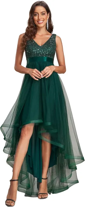 Ever-Pretty Women's Cocktail Dress Double V-Neck Sleeveless Empire Waist Sequin High Low Tulle Formal Dress 0147A