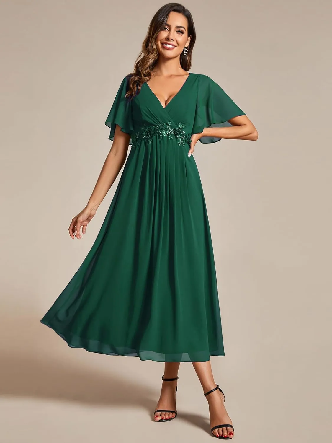 Ever-Pretty Women's Cocktail Dresses V Neck A-Line Elastic High Waist Wedding Guest Evening Party Maxi Dress 02093
