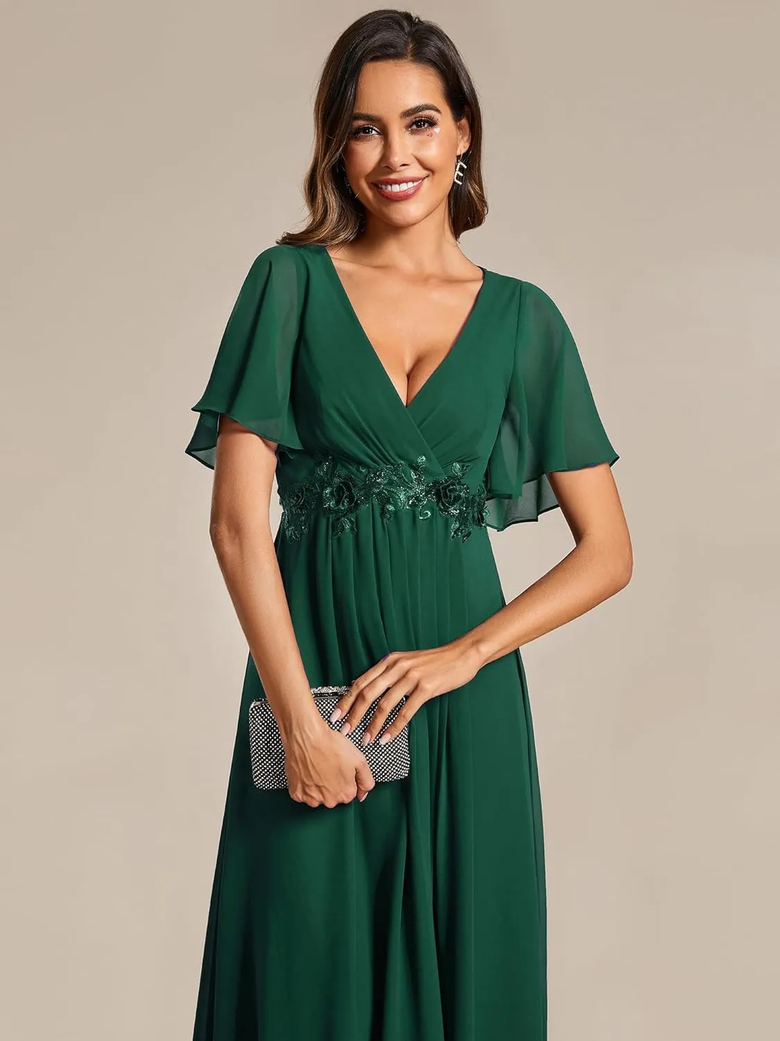 Ever-Pretty Women's Cocktail Dresses V Neck A-Line Elastic High Waist Wedding Guest Evening Party Maxi Dress 02093
