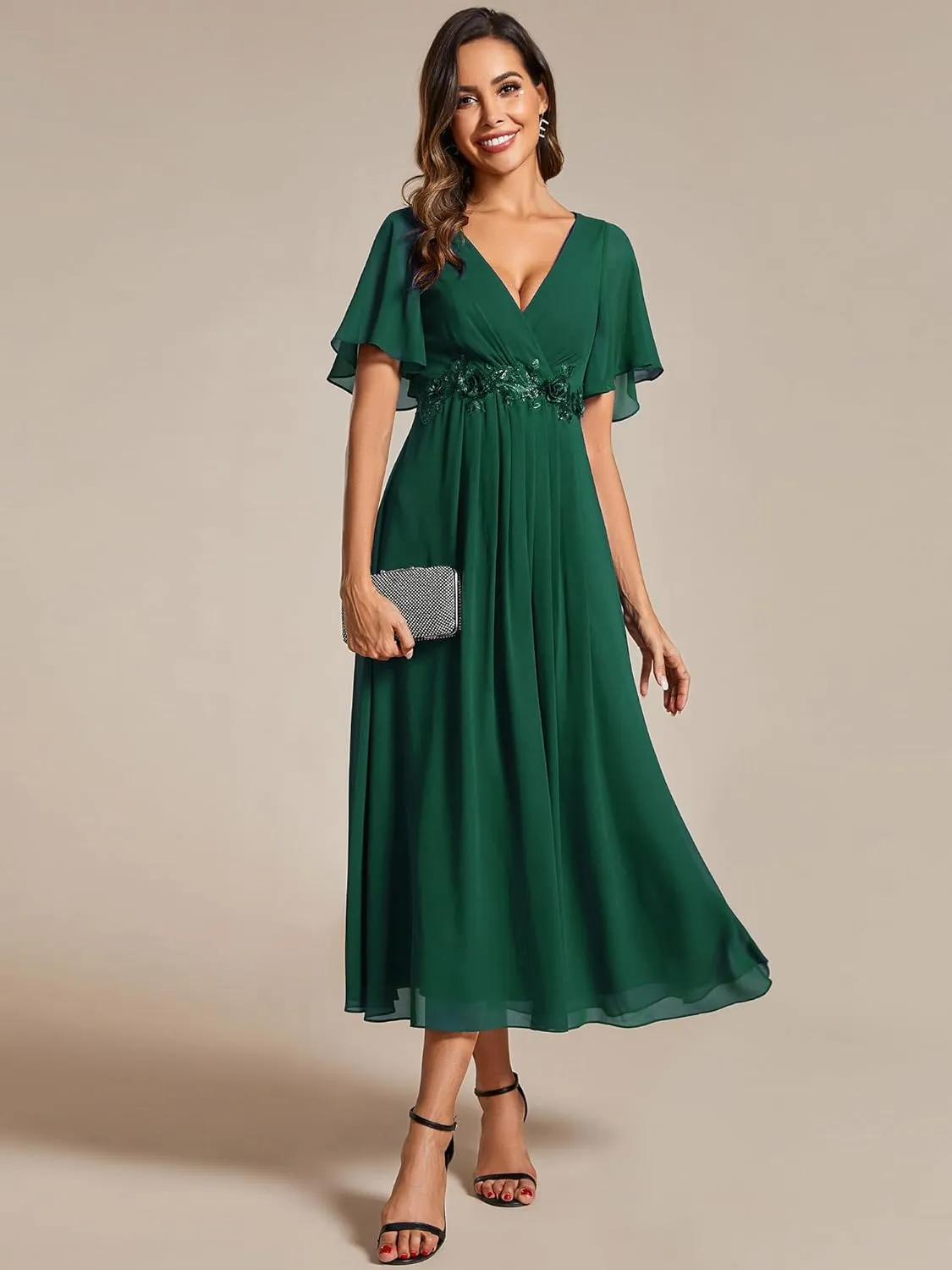 Ever-Pretty Women's Cocktail Dresses V Neck A-Line Elastic High Waist Wedding Guest Evening Party Maxi Dress 02093