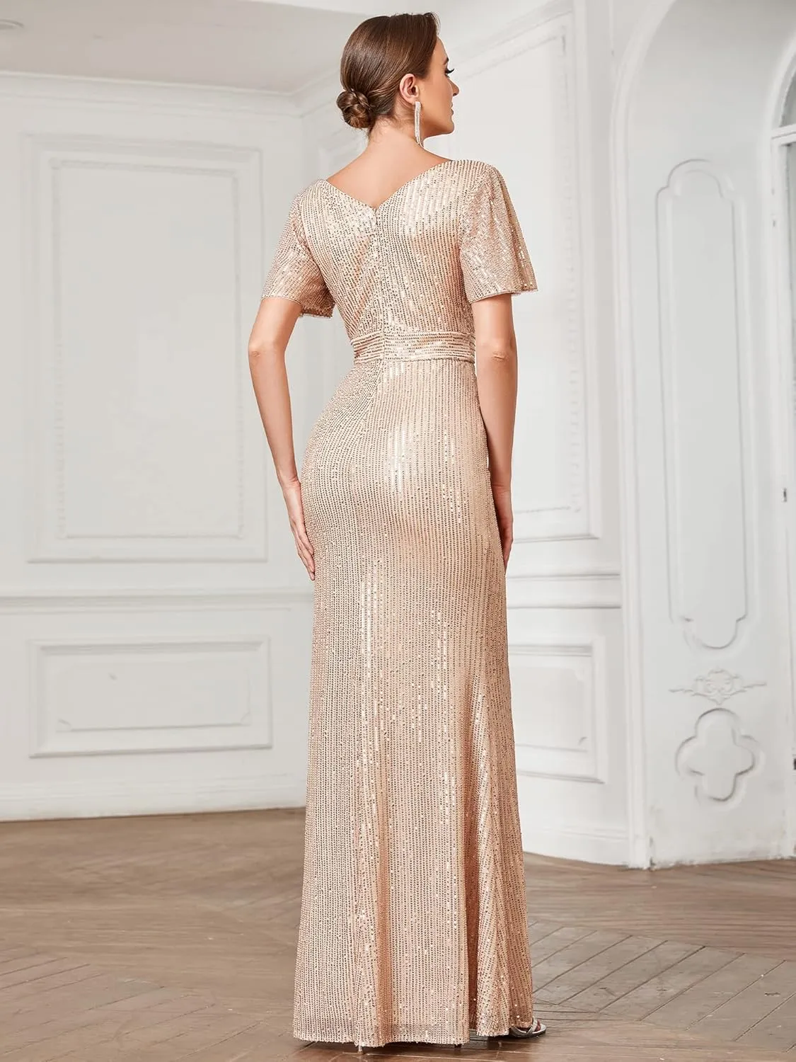 Ever-Pretty Women's Double V-Neck Flared Sleeves Memaid Sequin Floor Length Evening Dresses 01435