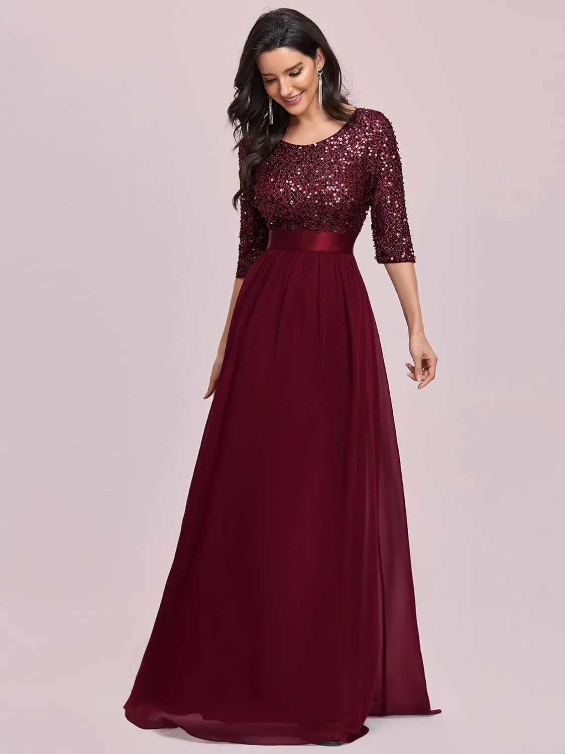 Ever-Pretty Women's Elegant A Line Crew Neck Half Sleeve Sequin Maxi Evening Dress 00683