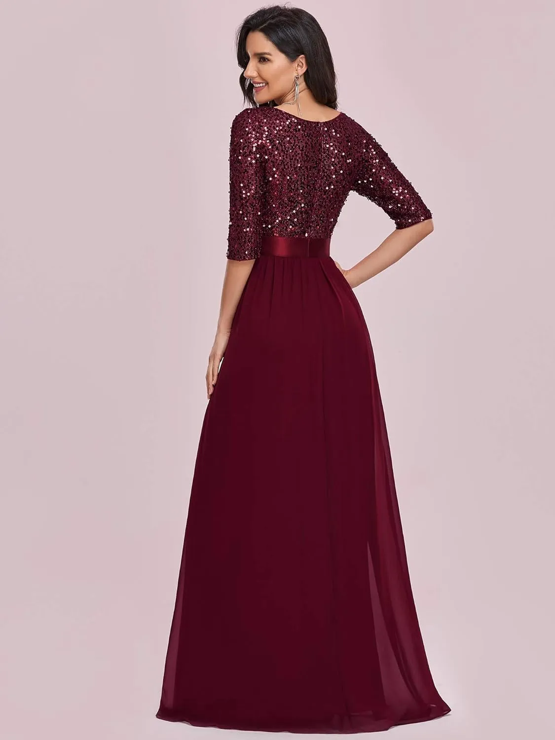 Ever-Pretty Women's Elegant A Line Crew Neck Half Sleeve Sequin Maxi Evening Dress 00683