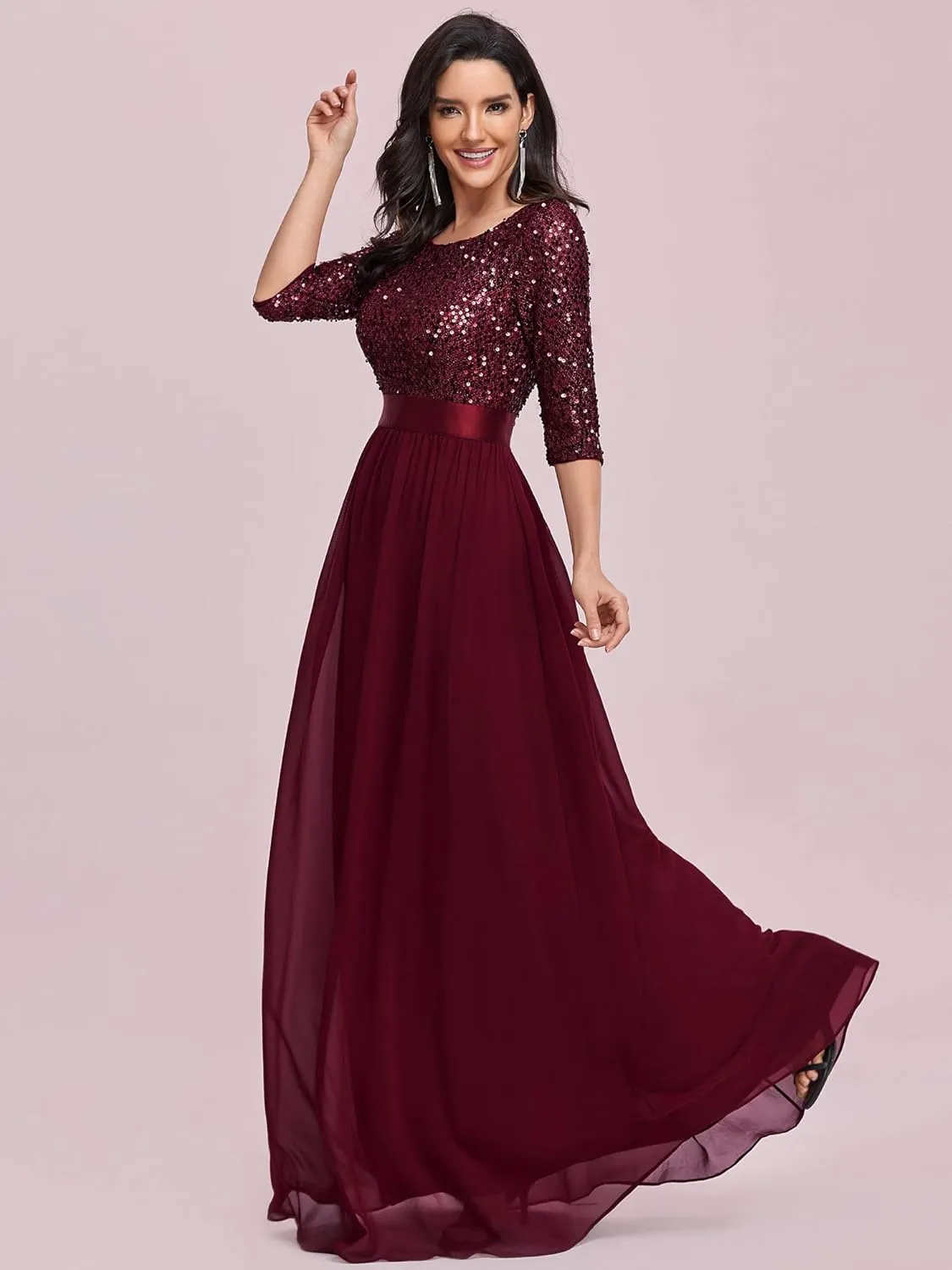 Ever-Pretty Women's Elegant A Line Crew Neck Half Sleeve Sequin Maxi Evening Dress 00683