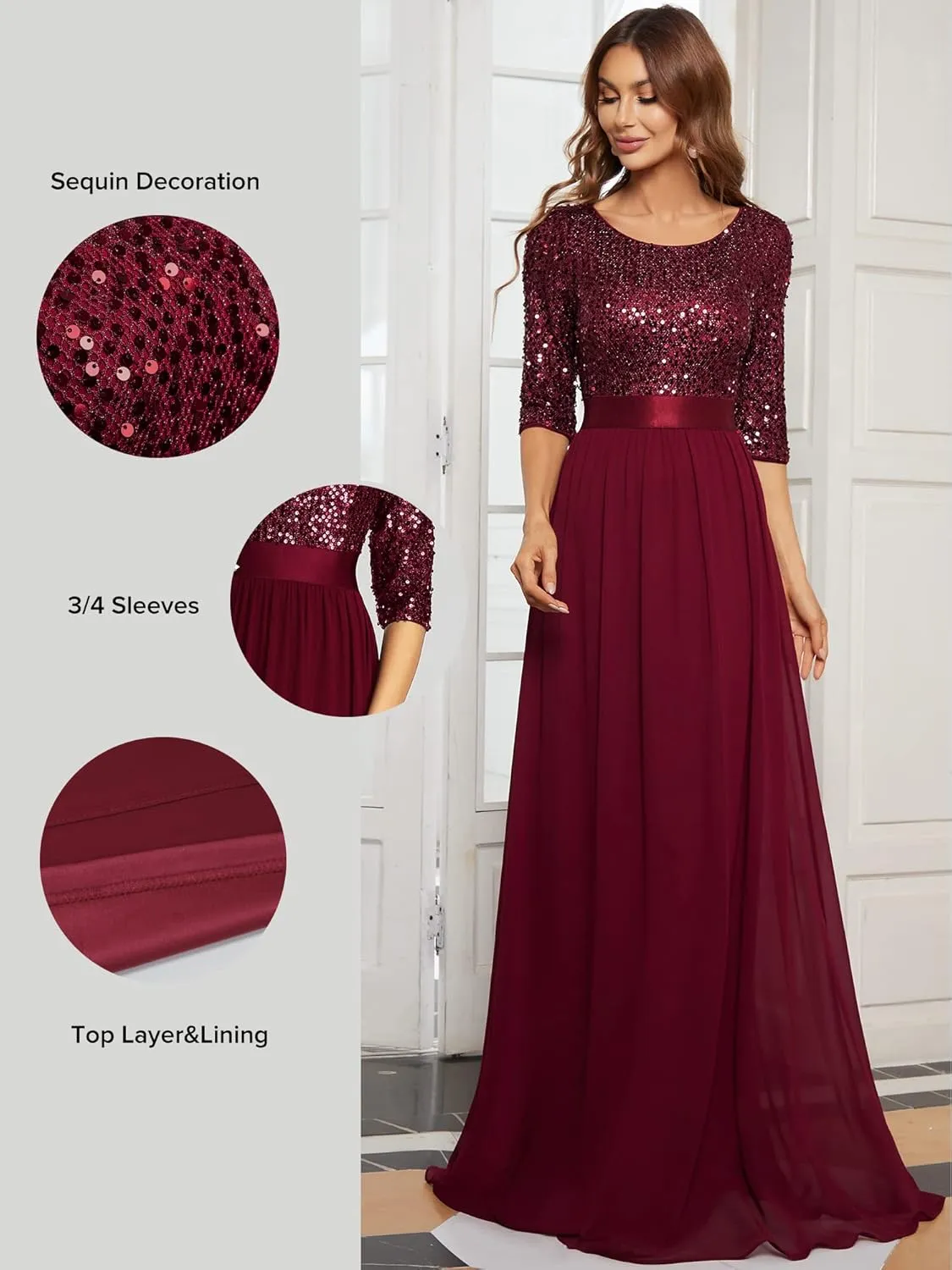 Ever-Pretty Women's Elegant A Line Crew Neck Half Sleeve Sequin Maxi Evening Dress 00683