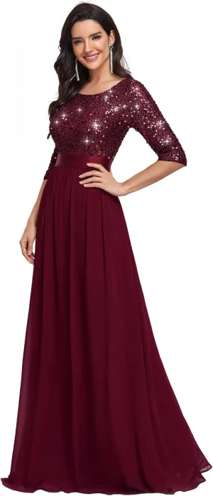 Ever-Pretty Women's Elegant A Line Crew Neck Half Sleeve Sequin Maxi Evening Dress 00683