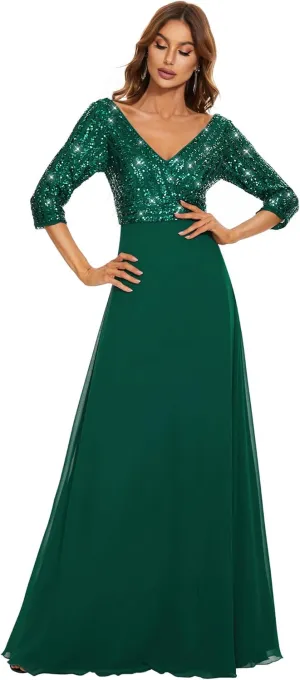 Ever-Pretty Women's Elegant Formal Dress V-Neck Long Sleeve Sequin Maxi Chiffon Evening Dresses 00751