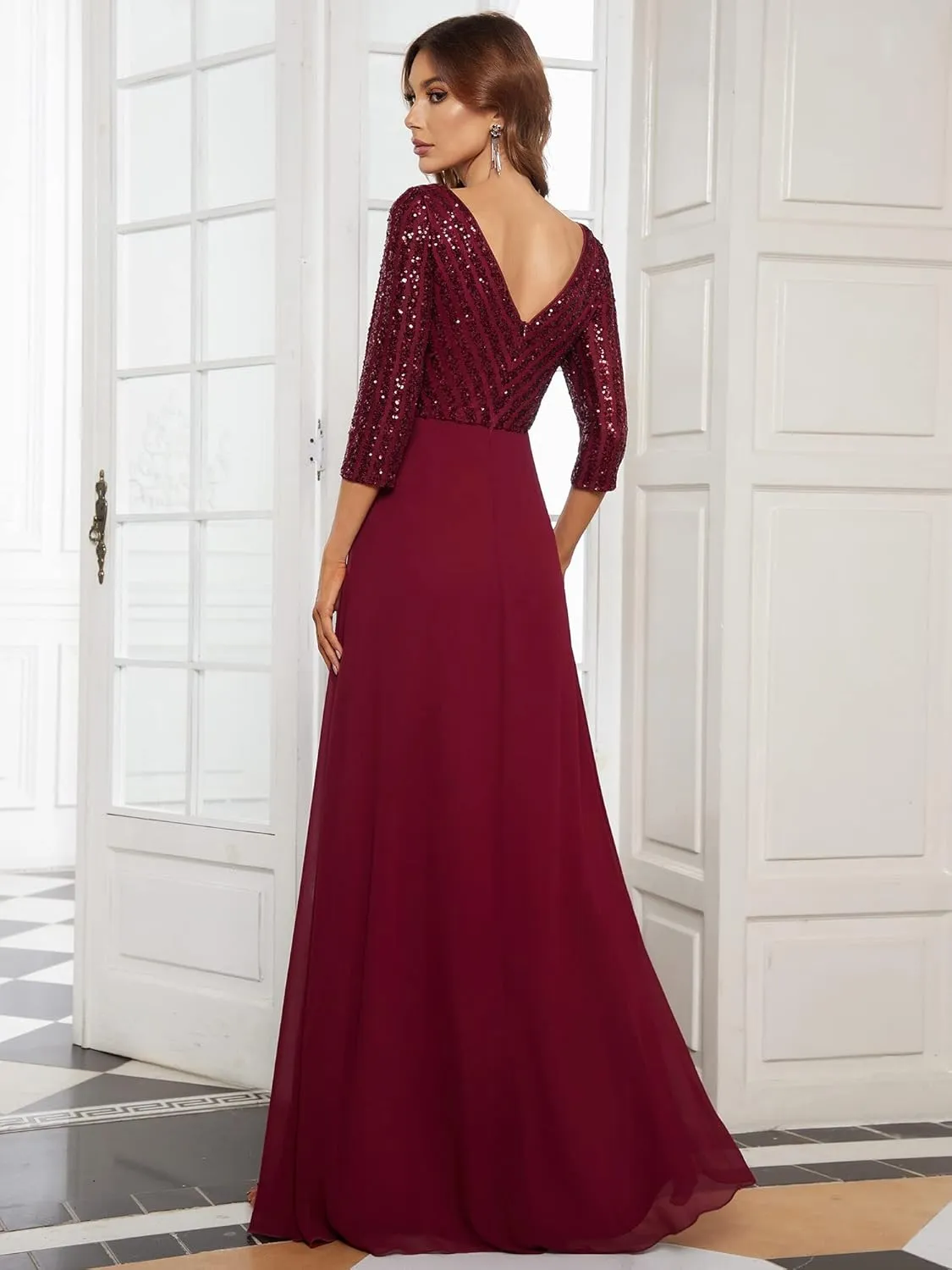 Ever-Pretty Women's Elegant Formal Dress V-Neck Long Sleeve Sequin Maxi Chiffon Evening Dresses 00751