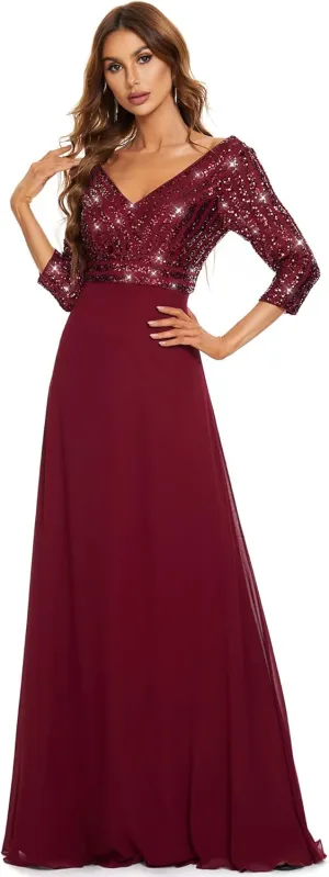 Ever-Pretty Women's Elegant Formal Dress V-Neck Long Sleeve Sequin Maxi Chiffon Evening Dresses 00751