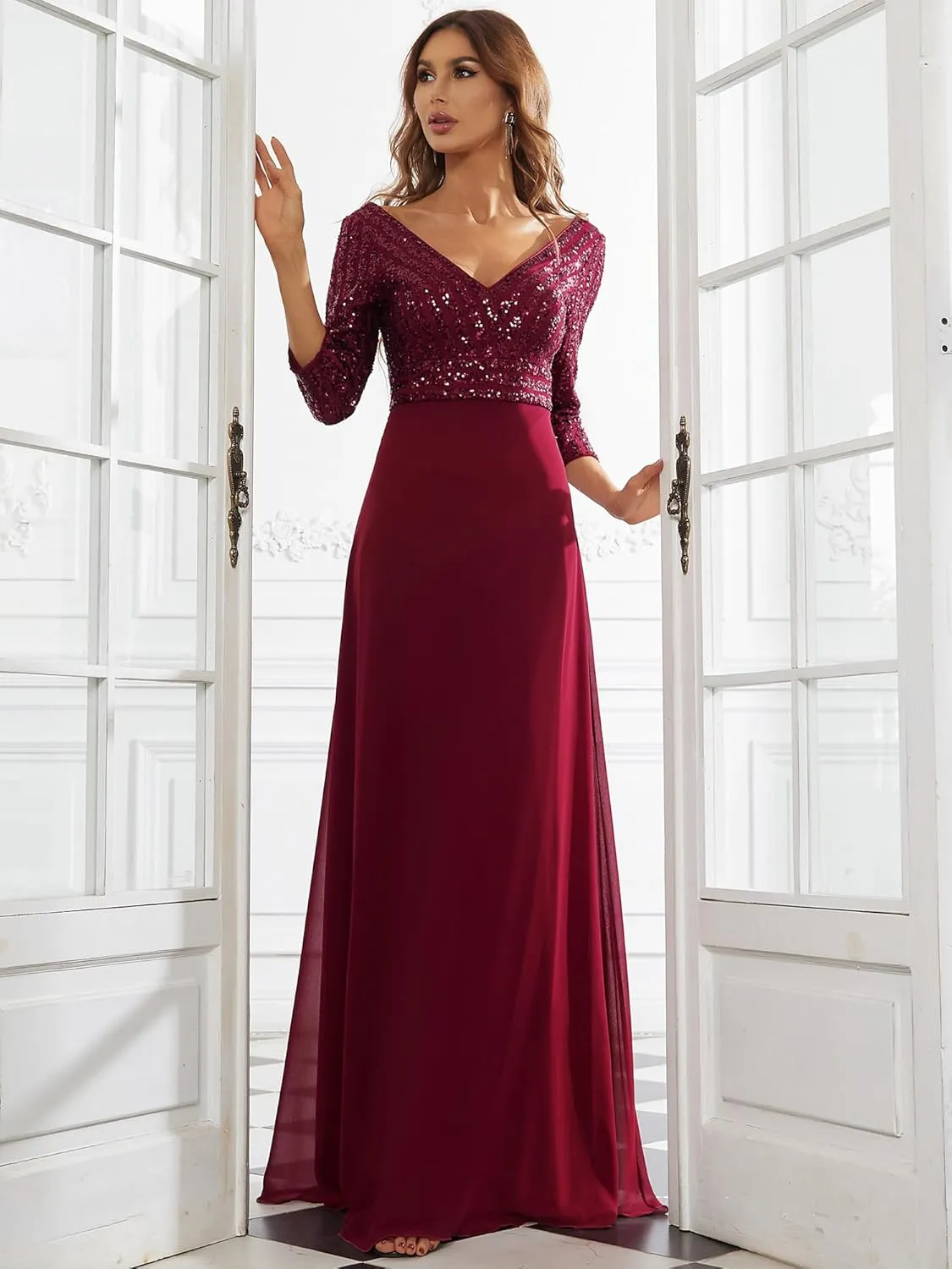 Ever-Pretty Women's Elegant Formal Dress V-Neck Long Sleeve Sequin Maxi Chiffon Evening Dresses 00751