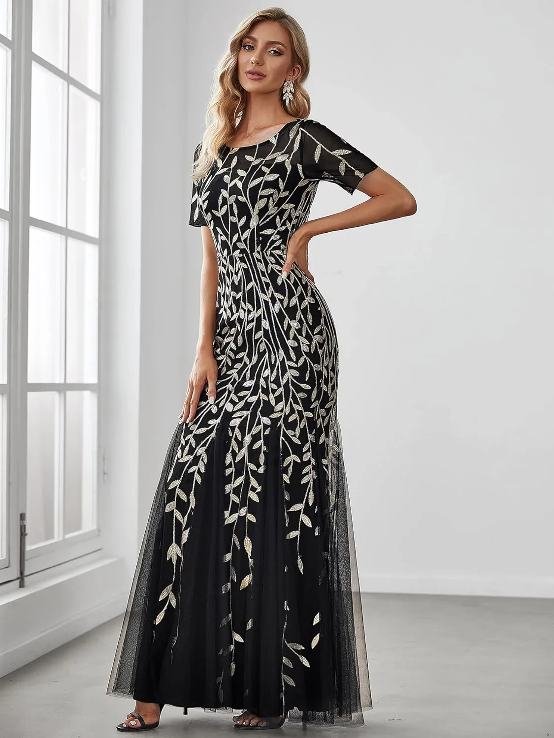 Ever-Pretty Women's Elegant Illusion Short Sleeve Crew Neck Sequin Embroidery Mermaid Evening Dresses 07707
