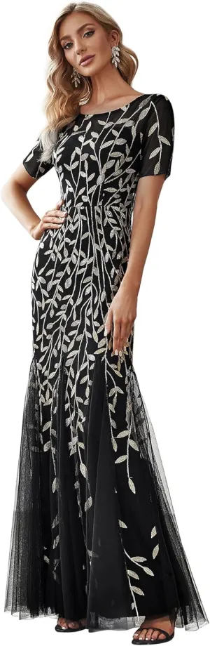 Ever-Pretty Women's Elegant Illusion Short Sleeve Crew Neck Sequin Embroidery Mermaid Evening Dresses 07707