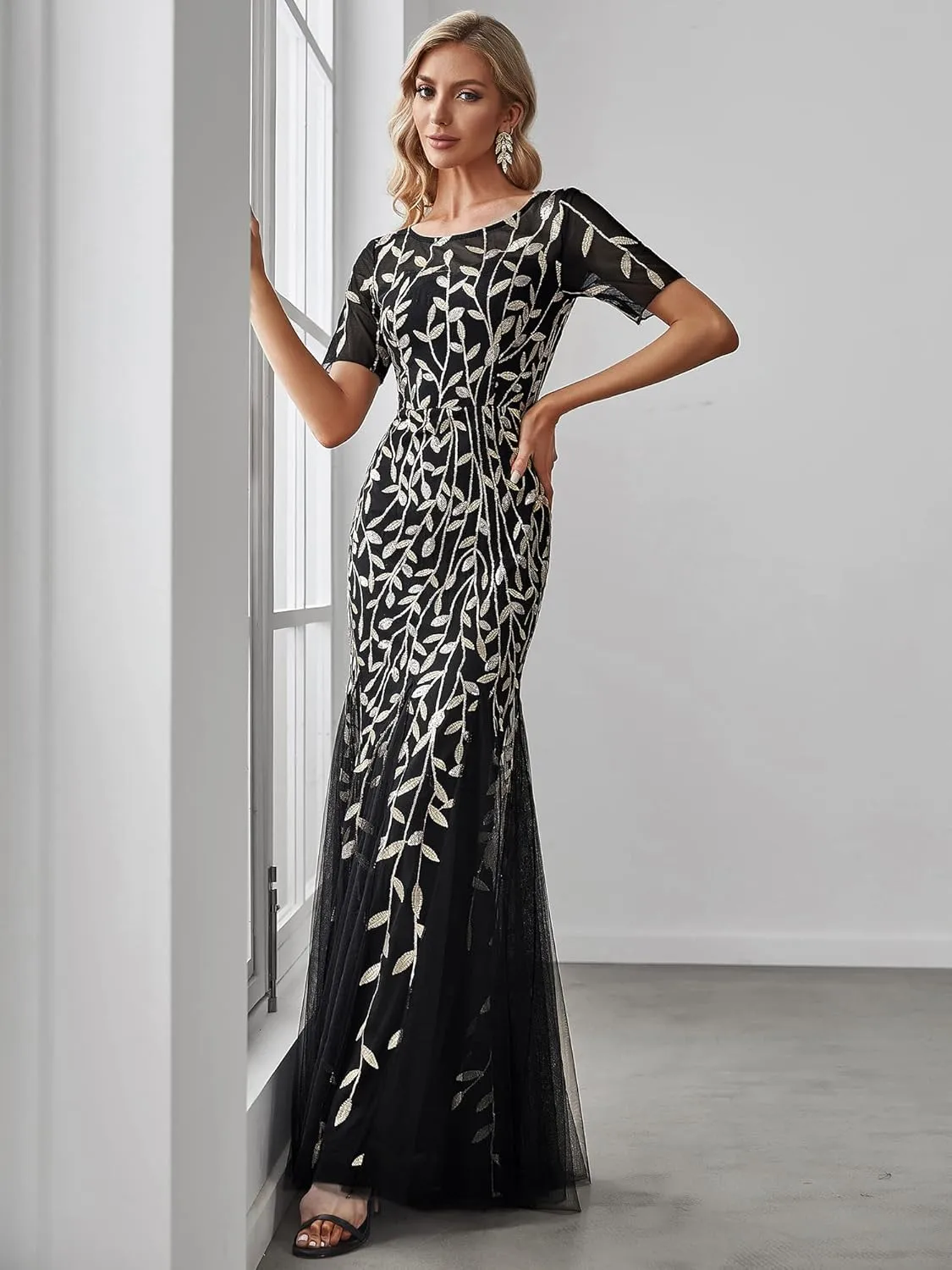 Ever-Pretty Women's Elegant Illusion Short Sleeve Crew Neck Sequin Embroidery Mermaid Evening Dresses 07707