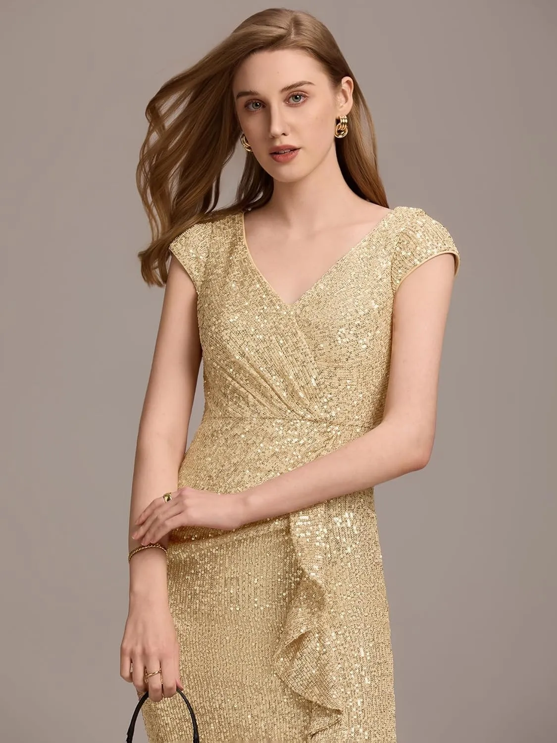 Ever-Pretty Women's Elegant Sequin V Neck Cap Sleeves Pleated Knee Length Cocktail Dress 05268