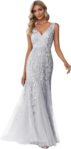 Ever-Pretty Women's Formal Dress Sequin Tulle Double V-Neck Sleeveless Mermaid Long Evening Dress 07886