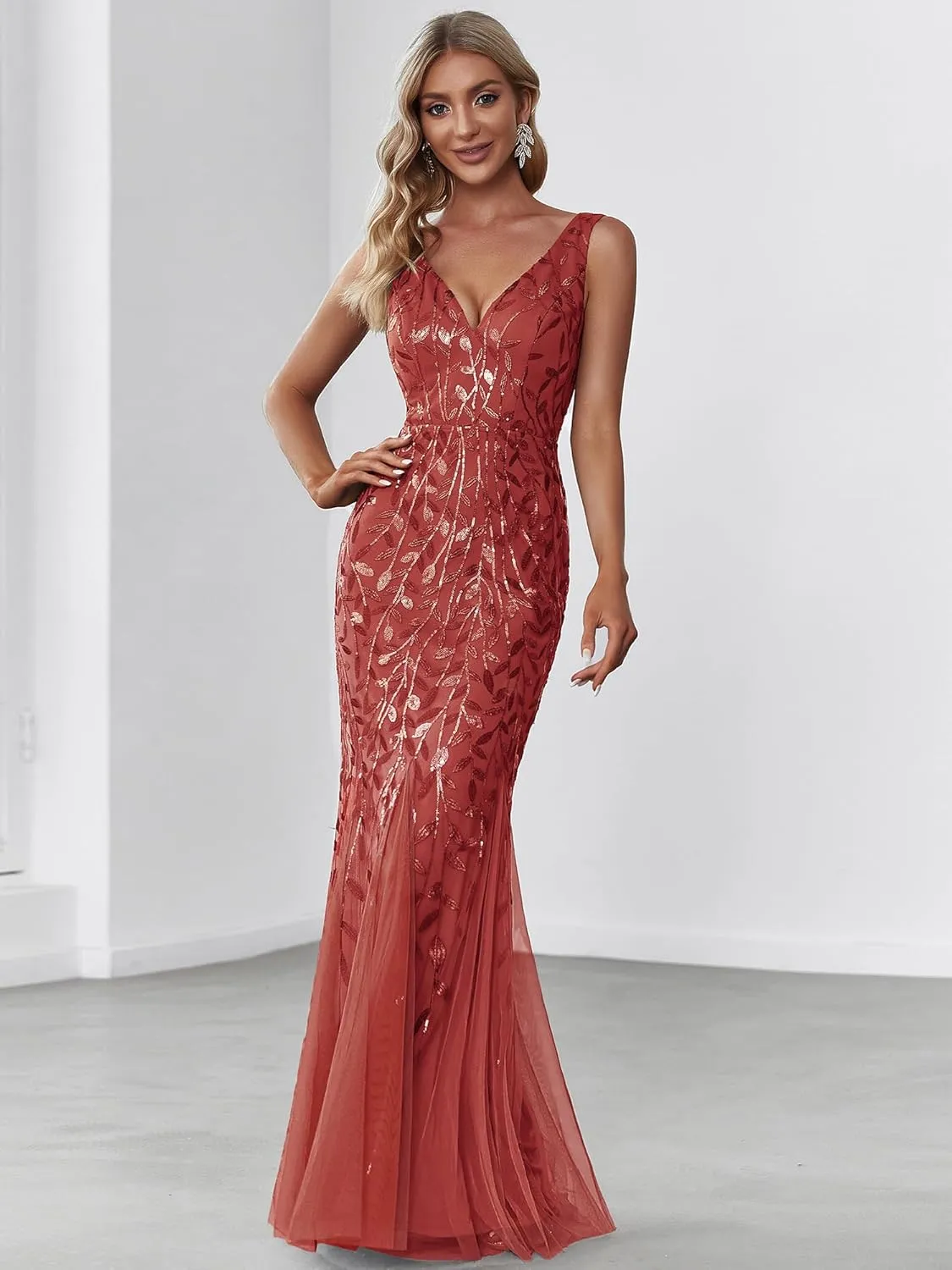 Ever-Pretty Women's Formal Dress Sequin Tulle Double V-Neck Sleeveless Mermaid Long Evening Dress 07886