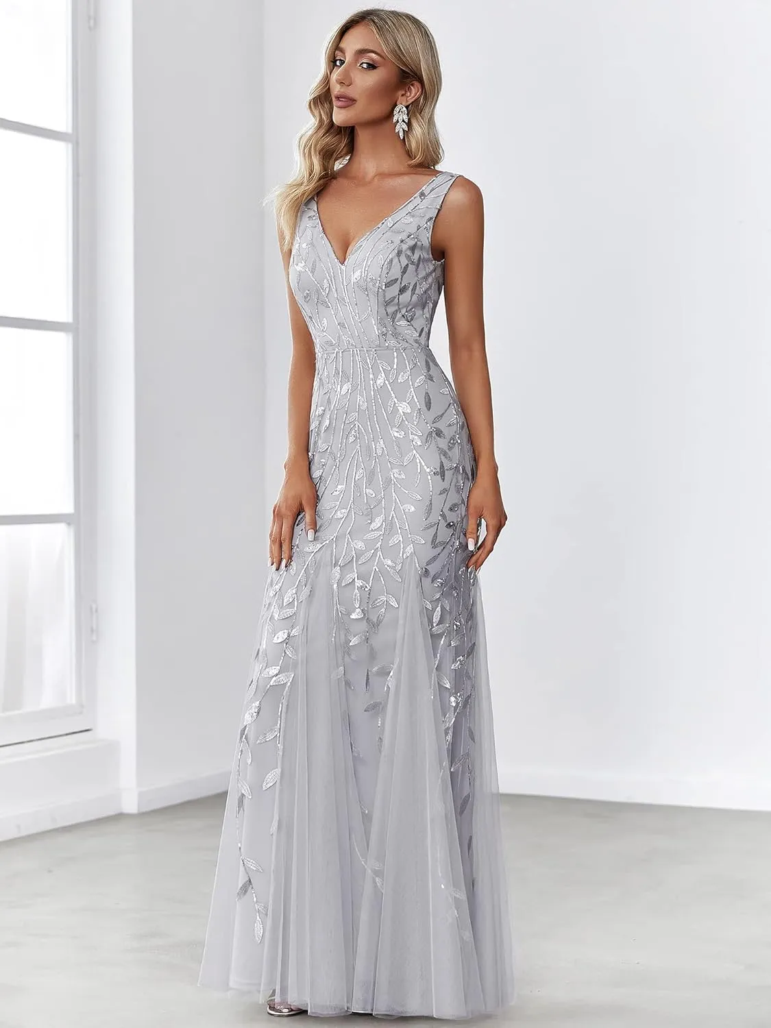 Ever-Pretty Women's Formal Dress Sequin Tulle Double V-Neck Sleeveless Mermaid Long Evening Dress 07886