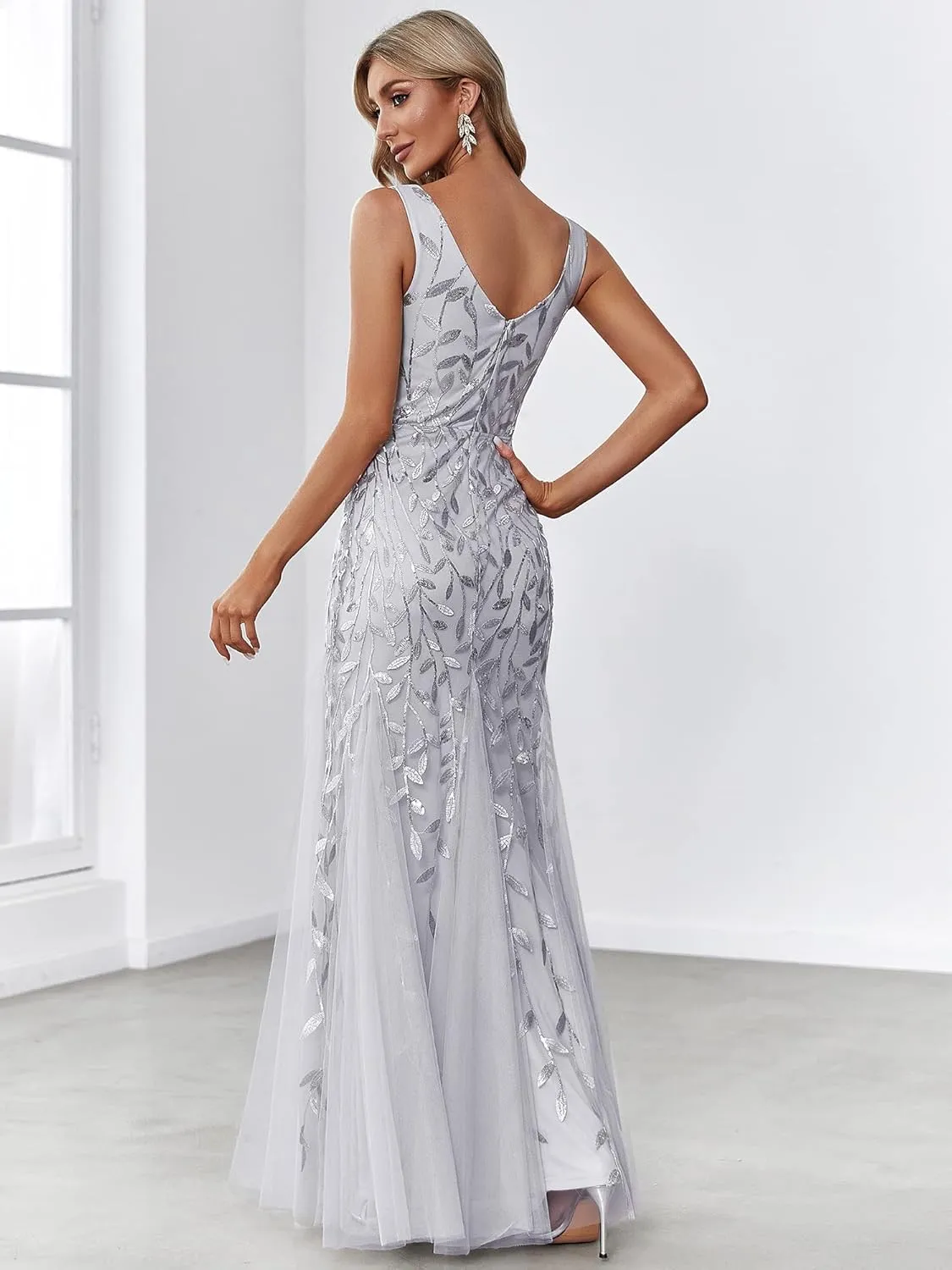 Ever-Pretty Women's Formal Dress Sequin Tulle Double V-Neck Sleeveless Mermaid Long Evening Dress 07886