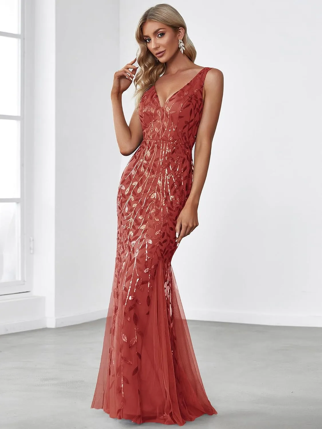 Ever-Pretty Women's Formal Dress Sequin Tulle Double V-Neck Sleeveless Mermaid Long Evening Dress 07886