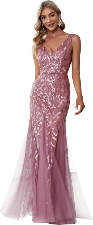 Ever-Pretty Women's Formal Dress Sequin Tulle Double V-Neck Sleeveless Mermaid Long Evening Dress 07886