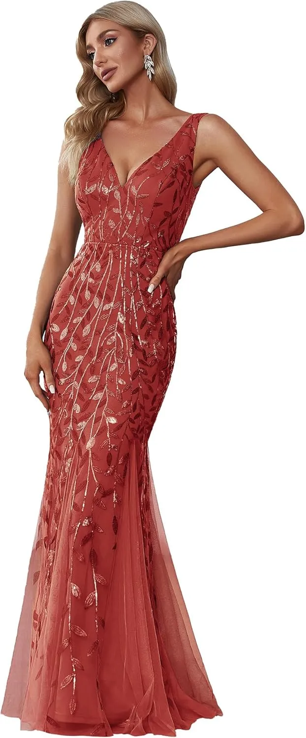 Ever-Pretty Women's Formal Dress Sequin Tulle Double V-Neck Sleeveless Mermaid Long Evening Dress 07886