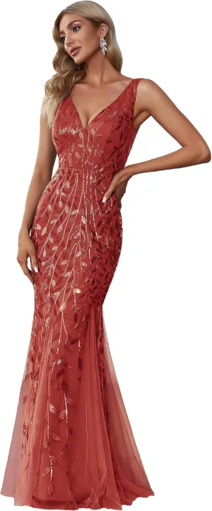 Ever-Pretty Women's Formal Dress Sequin Tulle Double V-Neck Sleeveless Mermaid Long Evening Dress 07886