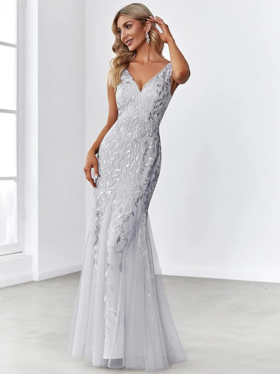 Ever-Pretty Women's Formal Dress Sequin Tulle Double V-Neck Sleeveless Mermaid Long Evening Dress 07886