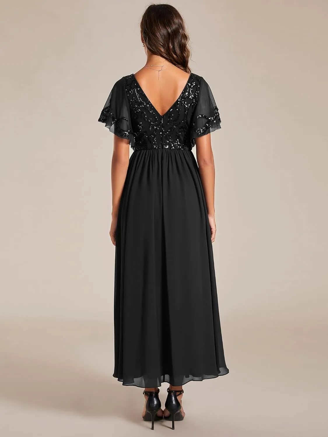 Ever-Pretty Women's Formal Dress V-Neck Sequin Applique Ruffles Sleeves Backless A-Line Evening Dresses 01583