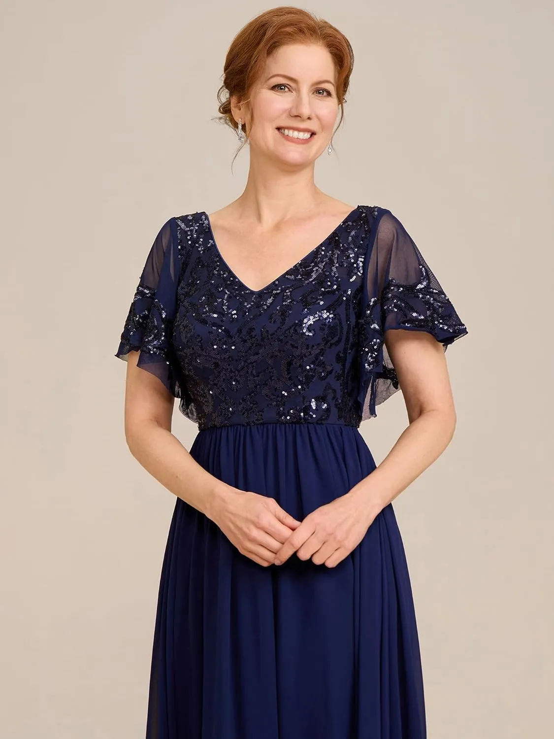 Ever-Pretty Women's Formal Dress V-Neck Sequin Applique Ruffles Sleeves Backless A-Line Evening Dresses 01583