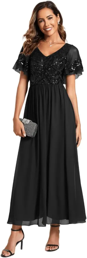 Ever-Pretty Women's Formal Dress V-Neck Sequin Applique Ruffles Sleeves Backless A-Line Evening Dresses 01583