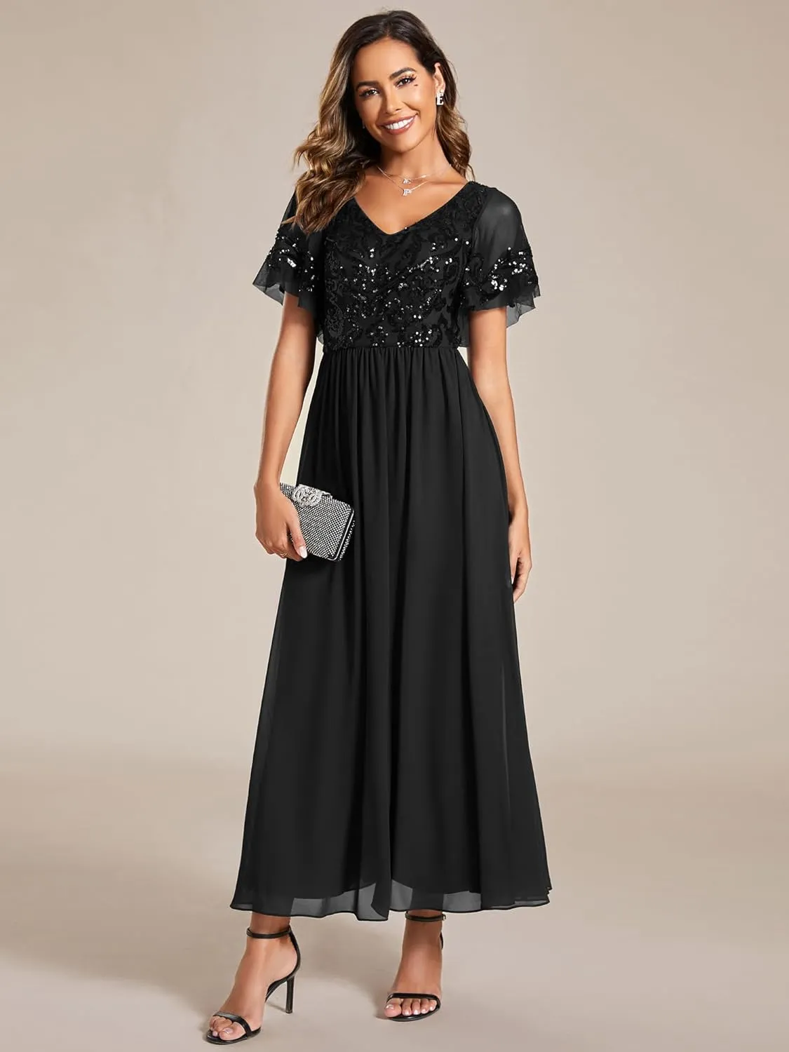 Ever-Pretty Women's Formal Dress V-Neck Sequin Applique Ruffles Sleeves Backless A-Line Evening Dresses 01583