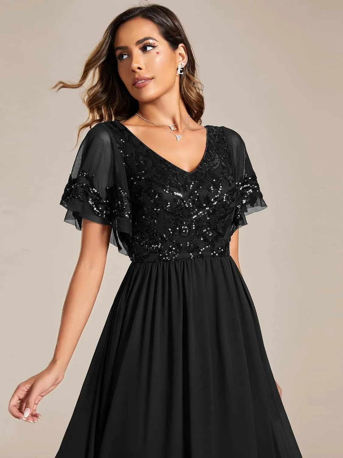 Ever-Pretty Women's Formal Dress V-Neck Sequin Applique Ruffles Sleeves Backless A-Line Evening Dresses 01583