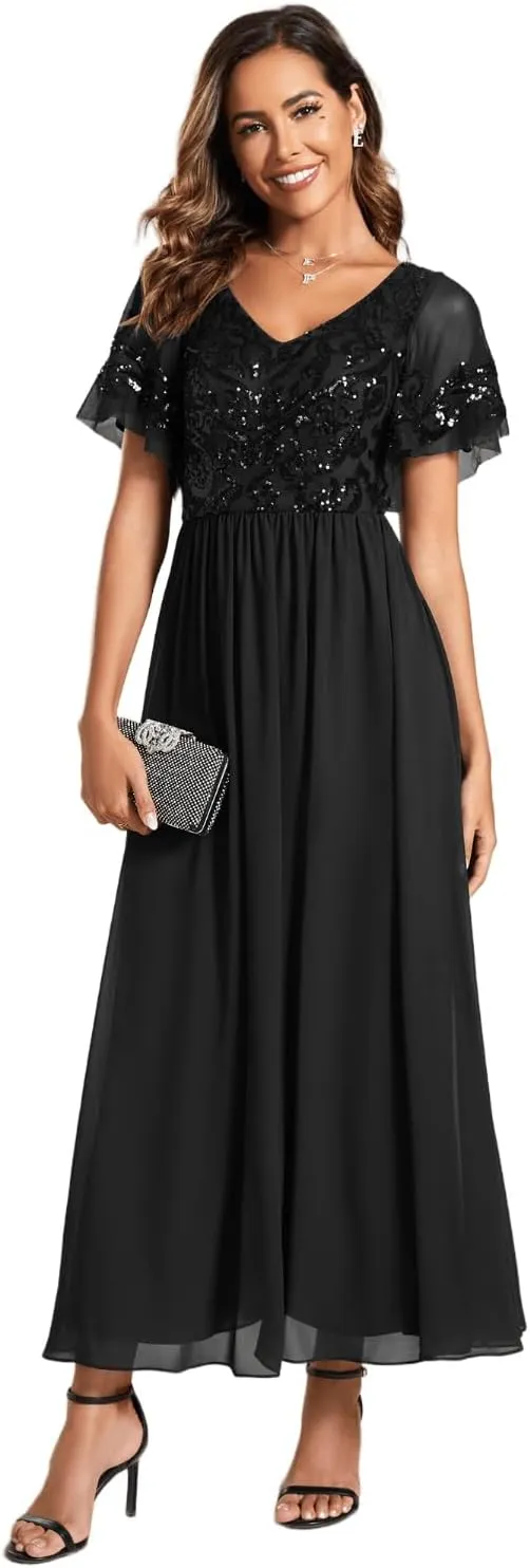 Ever-Pretty Women's Formal Dress V-Neck Sequin Applique Ruffles Sleeves Backless A-Line Evening Dresses 01583