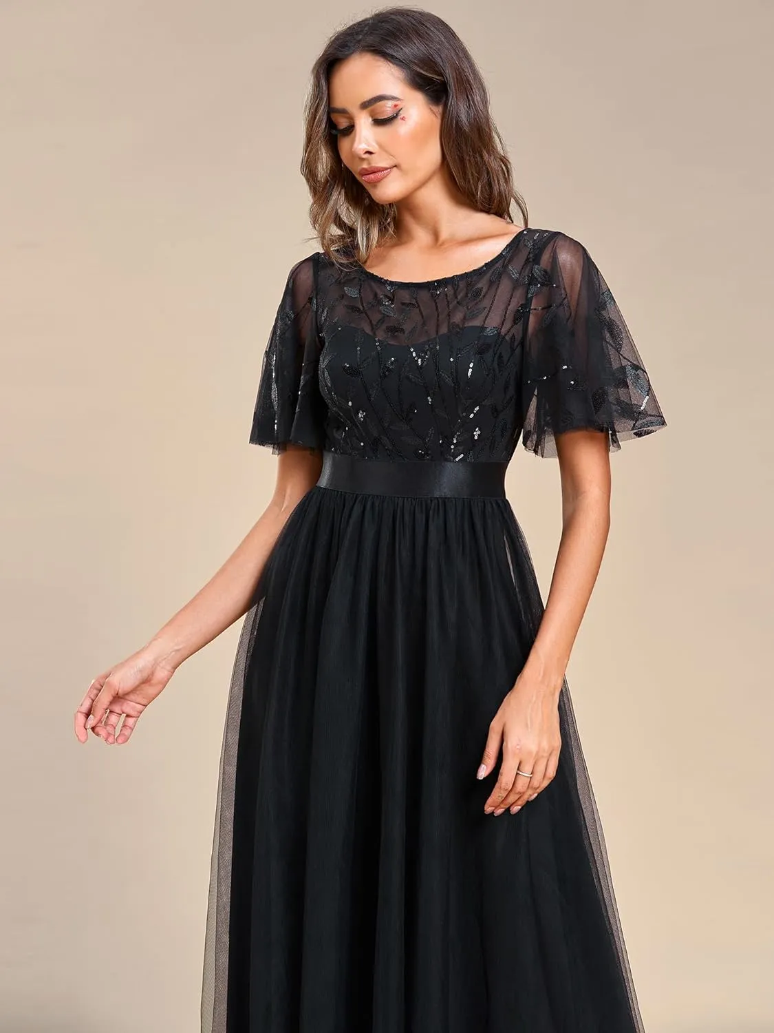 Ever-Pretty Women's Formal Dresses Crew Neck Sequin Ruffle Sleeve Empire Waist Beaded Long Evening Dresses 00904