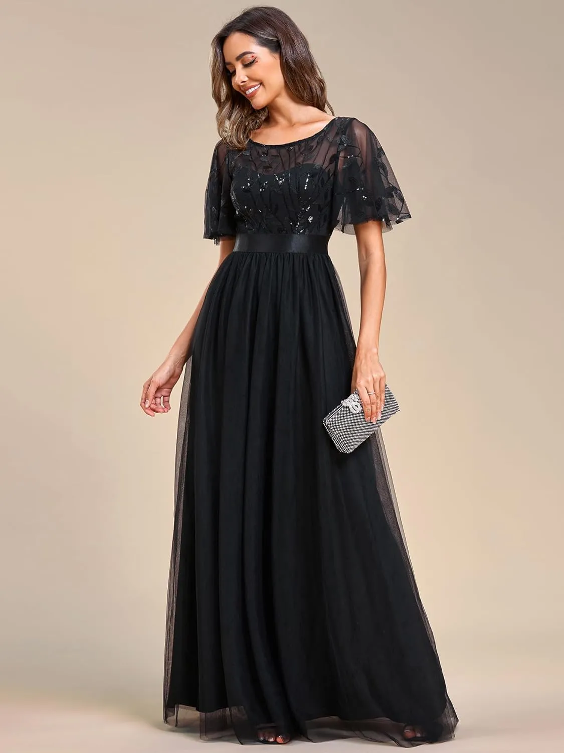Ever-Pretty Women's Formal Dresses Crew Neck Sequin Ruffle Sleeve Empire Waist Beaded Long Evening Dresses 00904