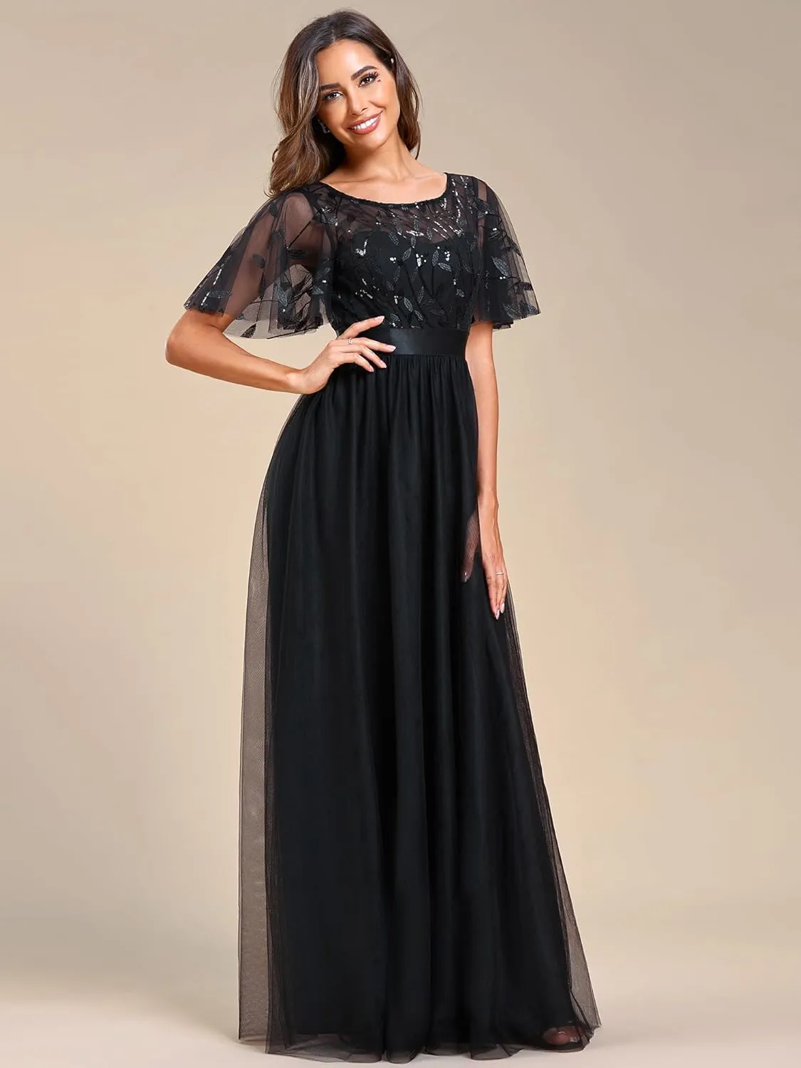 Ever-Pretty Women's Formal Dresses Crew Neck Sequin Ruffle Sleeve Empire Waist Beaded Long Evening Dresses 00904