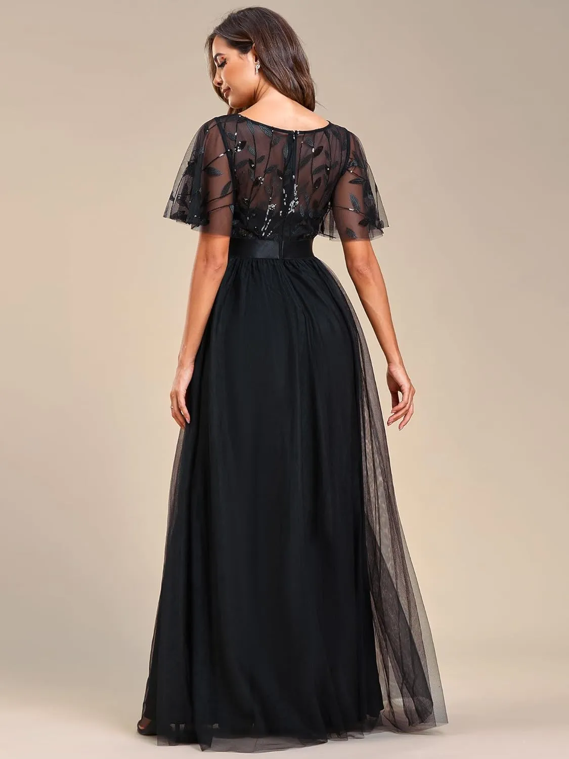 Ever-Pretty Women's Formal Dresses Crew Neck Sequin Ruffle Sleeve Empire Waist Beaded Long Evening Dresses 00904