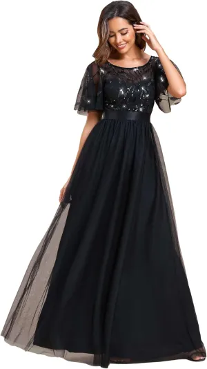 Ever-Pretty Women's Formal Dresses Crew Neck Sequin Ruffle Sleeve Empire Waist Beaded Long Evening Dresses 00904
